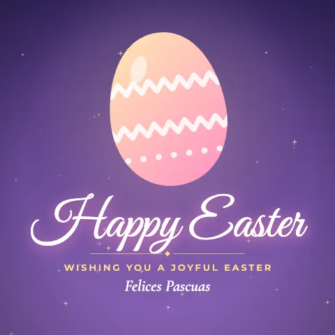 Happy Easter greeting image in golden glow style with the wish “Wishing you a joyful Easter” and the greeting in Spanish
