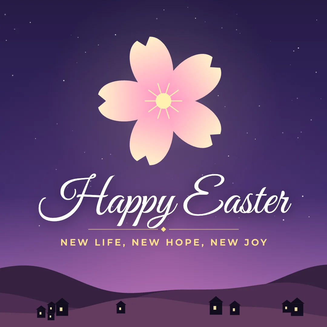 Happy Easter greeting image in night skyline style with the wish “New life, new hope, new joy”