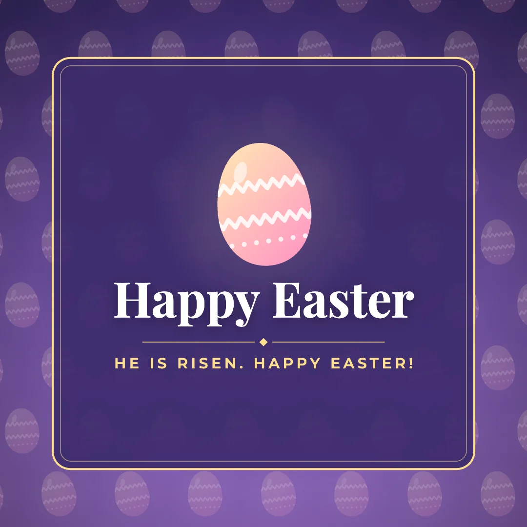 Happy Easter greeting image in pattern panel style with the wish “He is risen. Happy Easter!”