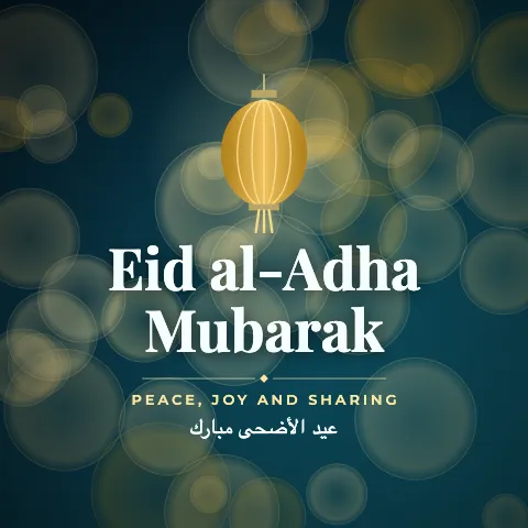 Eid al-Adha Mubarak greeting image in bokeh lights style with the wish “Peace, joy and sharing” and the greeting in Arabic