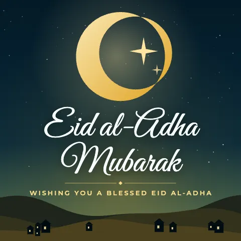 Eid al-Adha Mubarak greeting image in night skyline style with the wish “Wishing you a blessed Eid al-Adha”