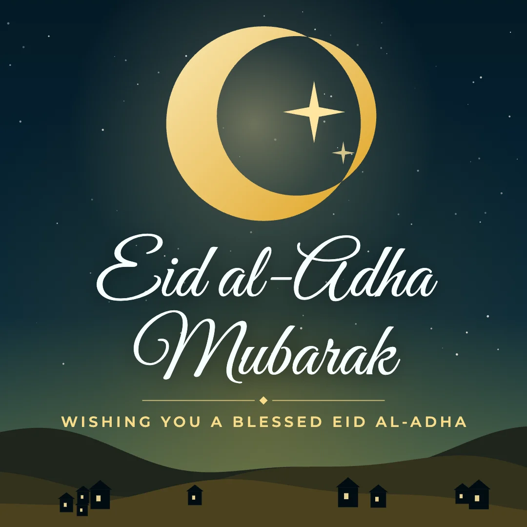 Eid al-Adha Mubarak greeting image in night skyline style with the wish “Wishing you a blessed Eid al-Adha”