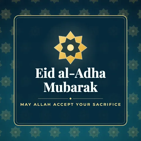 Eid al-Adha Mubarak greeting image in pattern panel style with the wish “May Allah accept your sacrifice”