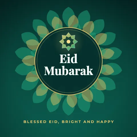 Eid Mubarak greeting image in mandala circle style with the wish “Blessed Eid, bright and happy”