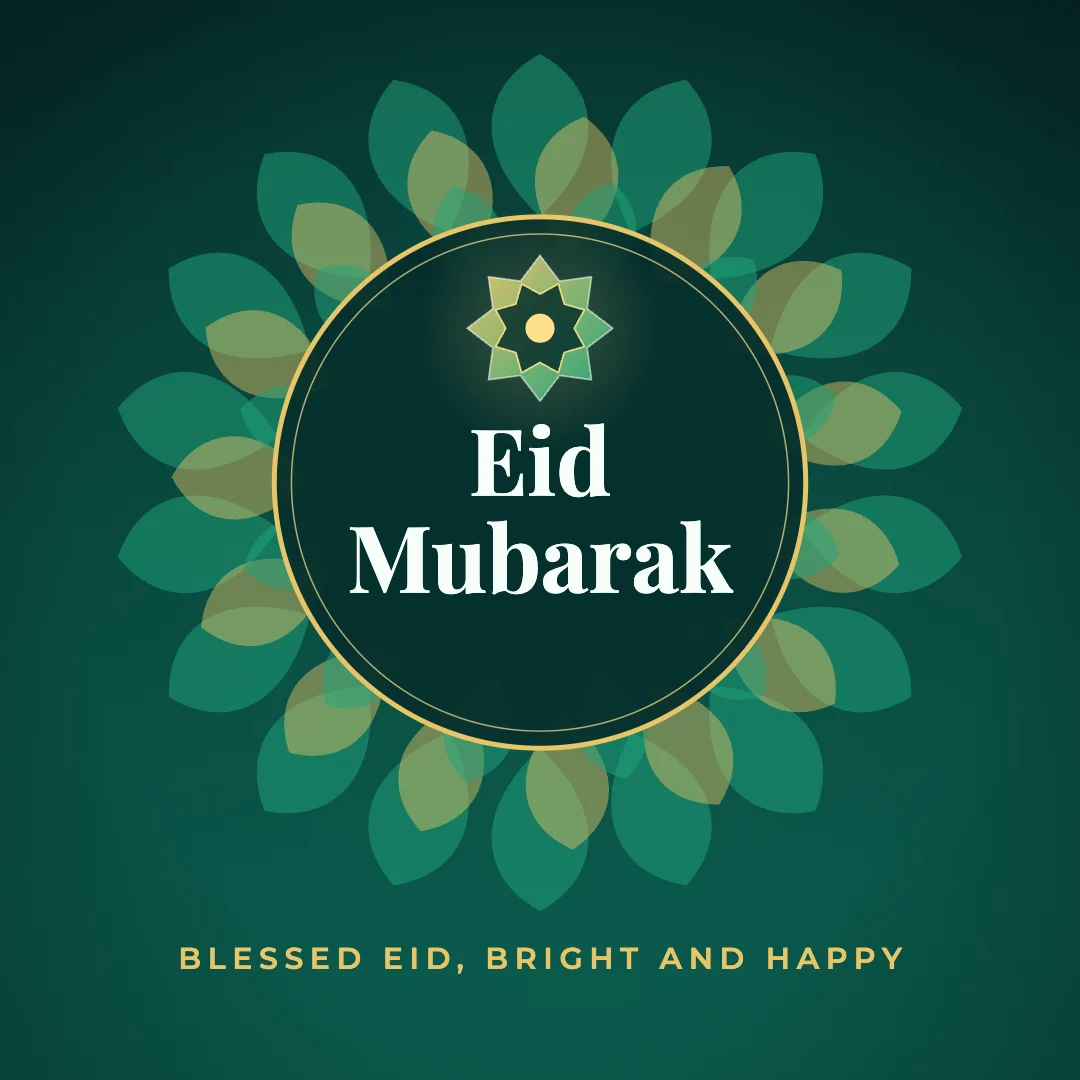 Eid Mubarak greeting image in mandala circle style with the wish “Blessed Eid, bright and happy”