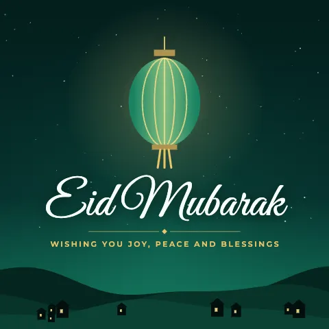 Eid Mubarak greeting image in night skyline style with the wish “Wishing you joy, peace and blessings”