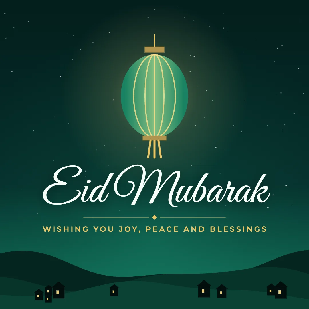 Eid Mubarak greeting image in night skyline style with the wish “Wishing you joy, peace and blessings”