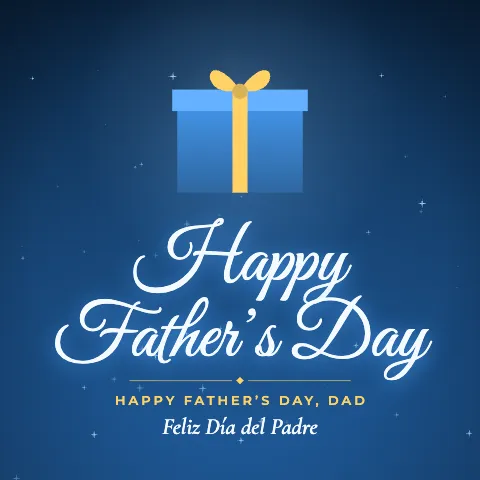 Happy Father’s Day greeting image in golden glow style with the wish “Happy Father’s Day, Dad” and the greeting in Spanish