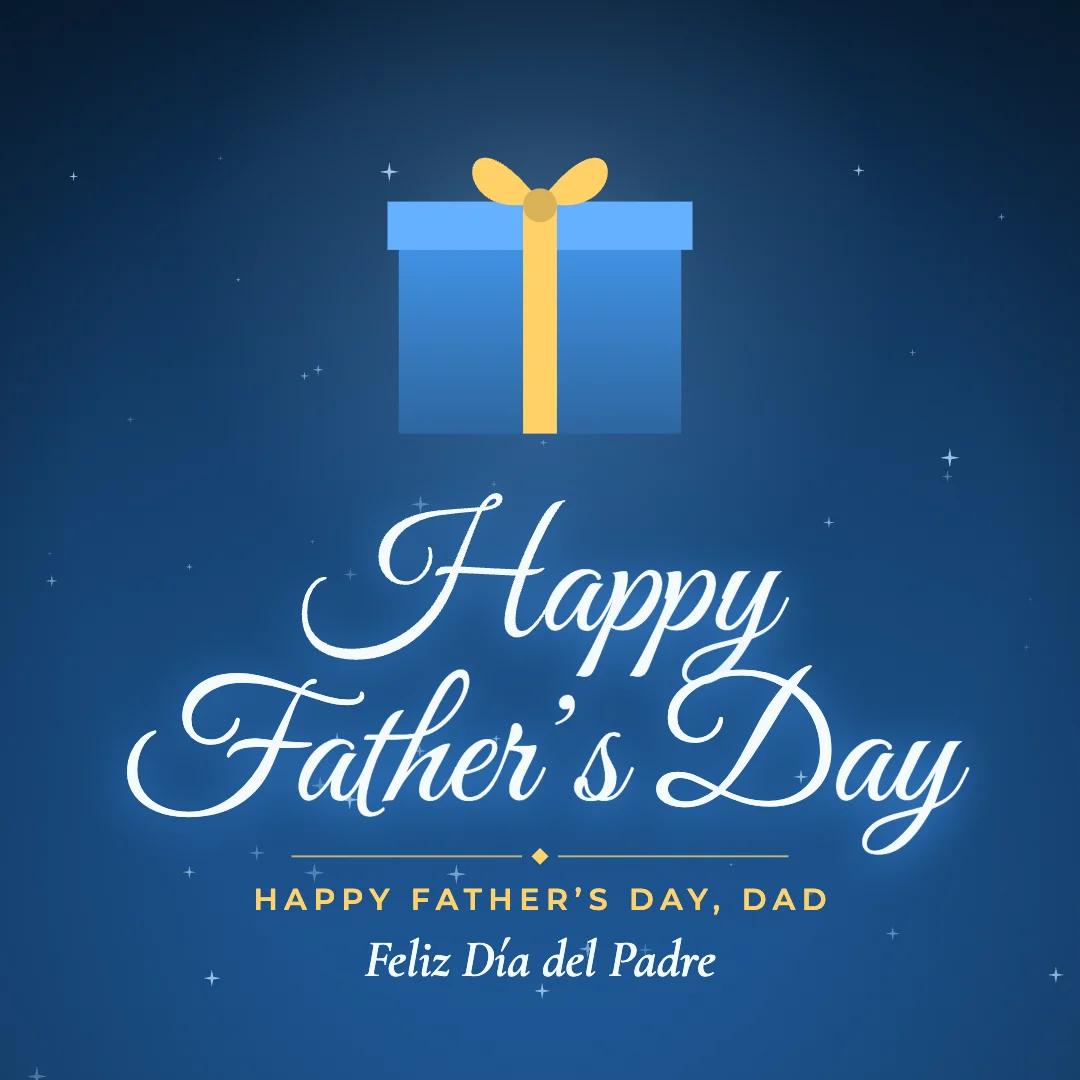 Happy Father’s Day greeting image in golden glow style with the wish “Happy Father’s Day, Dad” and the greeting in Spanish