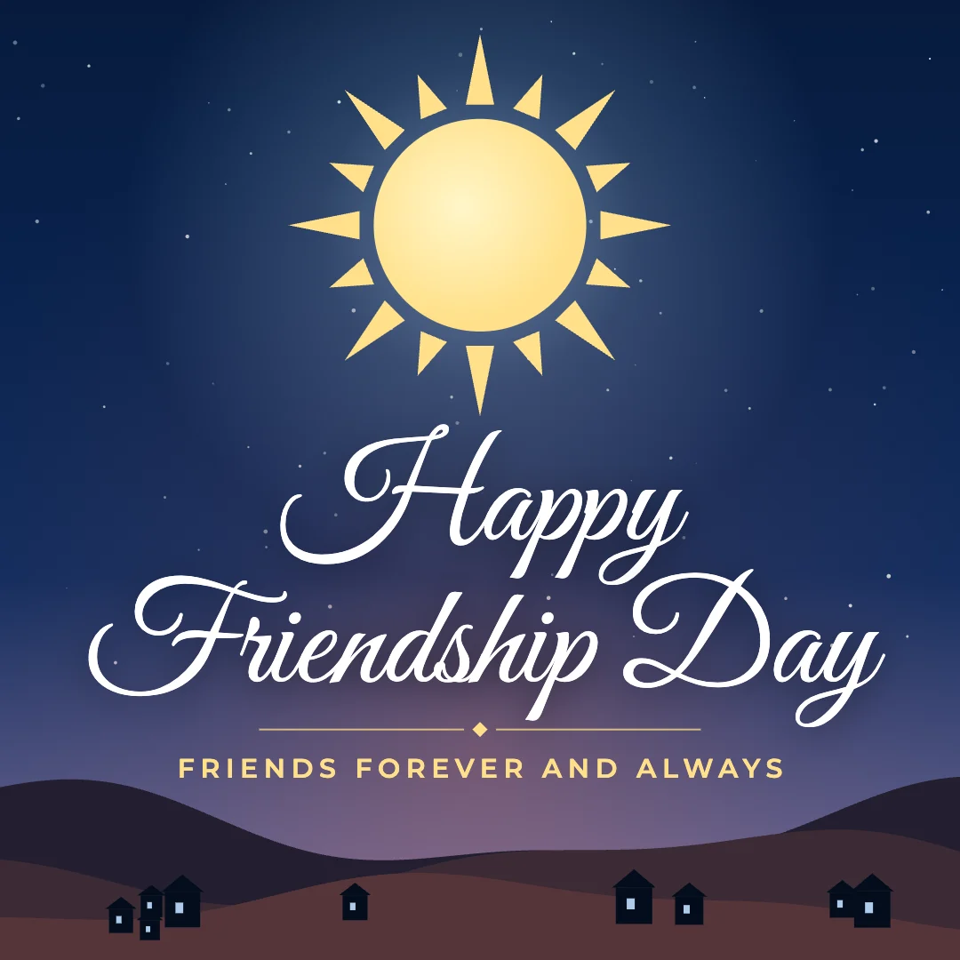 Happy Friendship Day greeting image in night skyline style with the wish “Friends forever and always”
