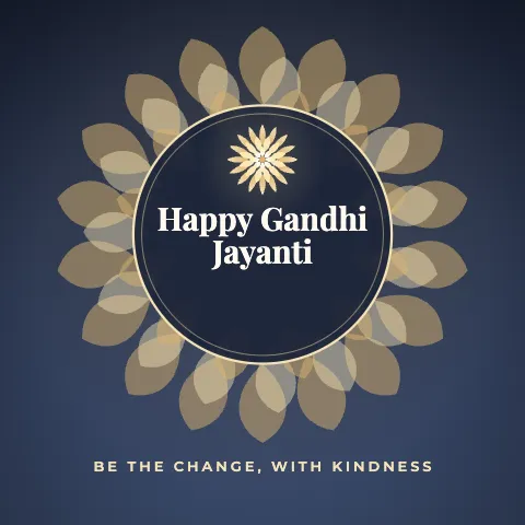 Happy Gandhi Jayanti greeting image in mandala circle style with the wish “Be the change, with kindness”