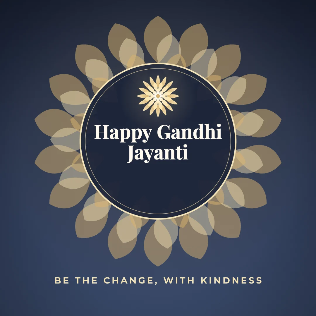 Happy Gandhi Jayanti greeting image in mandala circle style with the wish “Be the change, with kindness”