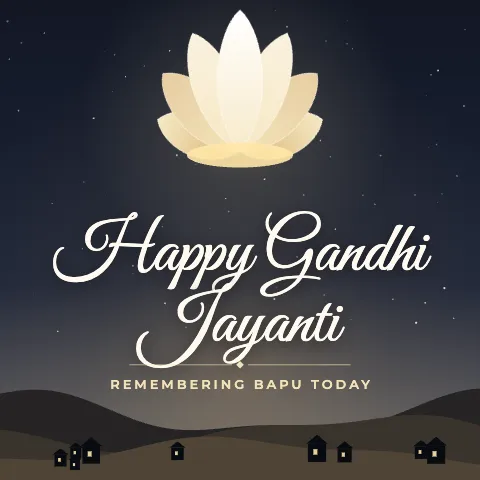 Happy Gandhi Jayanti greeting image in night skyline style with the wish “Remembering Bapu today”