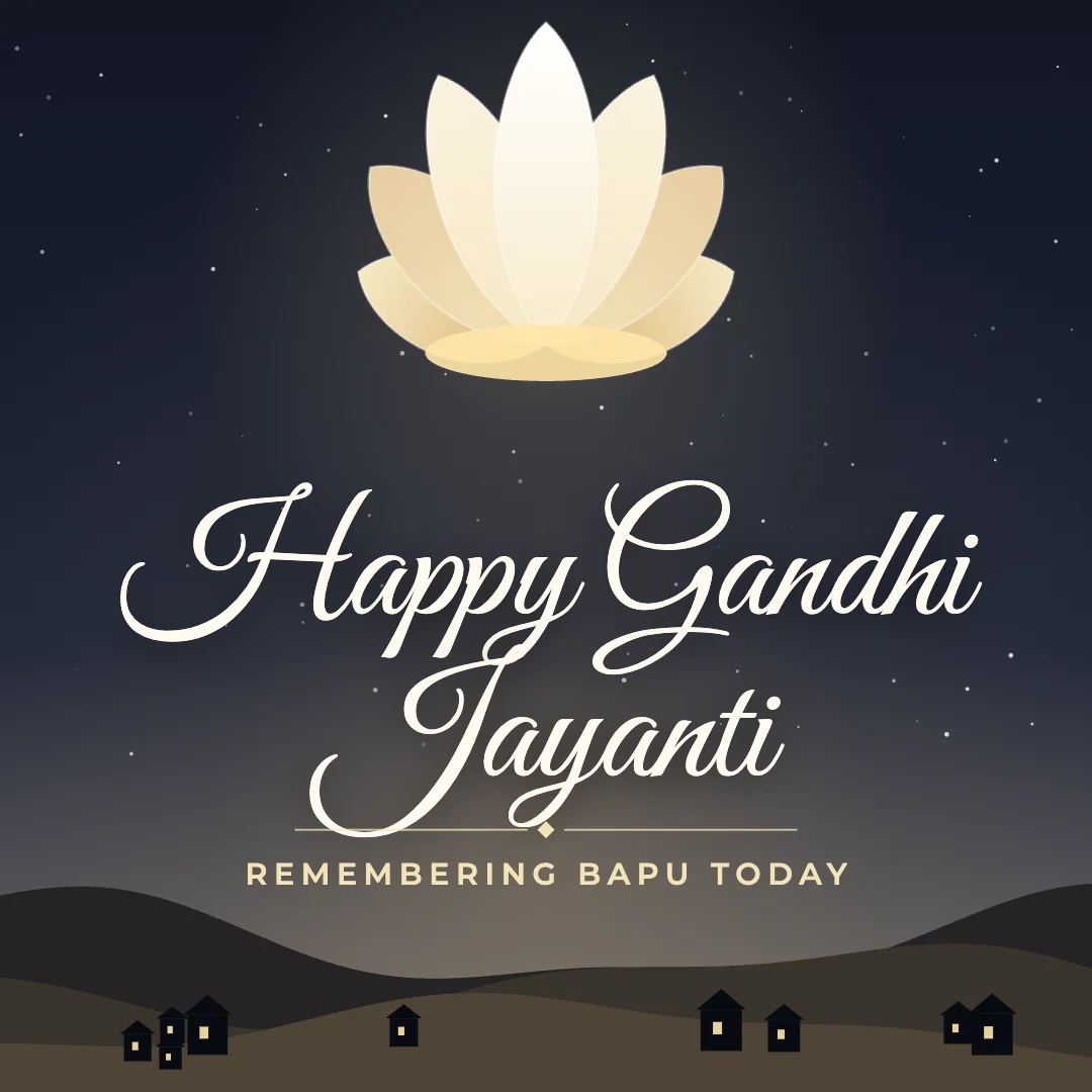 Happy Gandhi Jayanti greeting image in night skyline style with the wish “Remembering Bapu today”