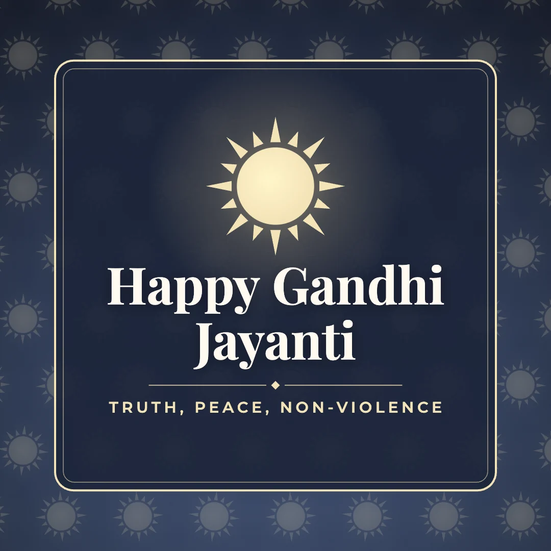 Happy Gandhi Jayanti greeting image in pattern panel style with the wish “Truth, peace, non-violence”