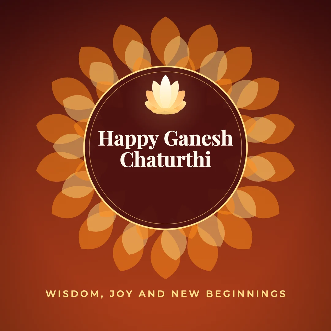Happy Ganesh Chaturthi greeting image in mandala circle style with the wish “Wisdom, joy and new beginnings”