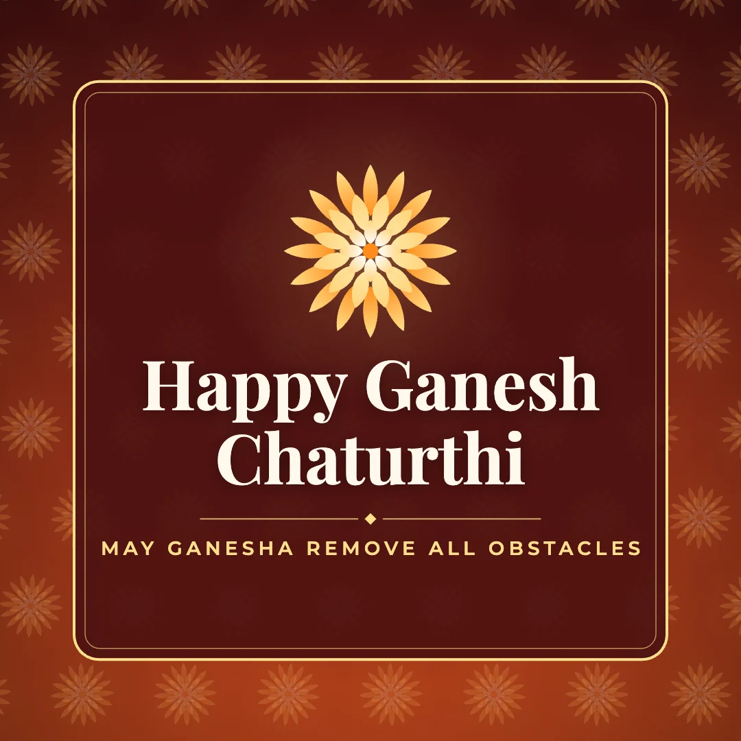 Happy Ganesh Chaturthi greeting image in pattern panel style with the wish “May Ganesha remove all obstacles”