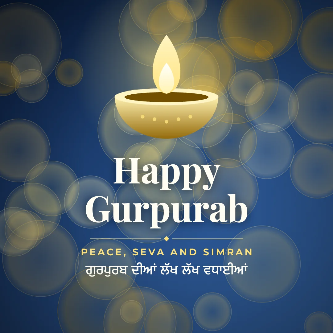 Happy Gurpurab greeting image in bokeh lights style with the wish “Peace, seva and simran” and the greeting in Punjabi