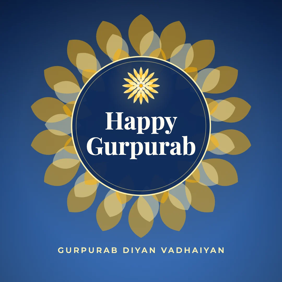 Happy Gurpurab greeting image in mandala circle style with the wish “Gurpurab diyan vadhaiyan”