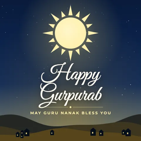 Happy Gurpurab greeting image in night skyline style with the wish “May Guru Nanak bless you”