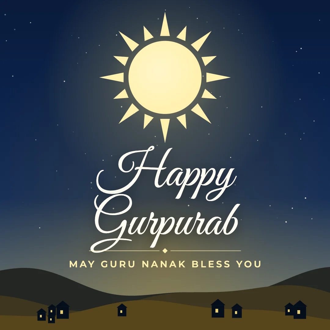 Happy Gurpurab greeting image in night skyline style with the wish “May Guru Nanak bless you”