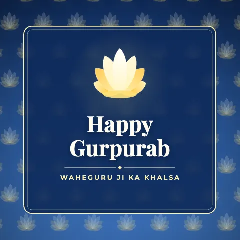 Happy Gurpurab greeting image in pattern panel style with the wish “Waheguru Ji Ka Khalsa”