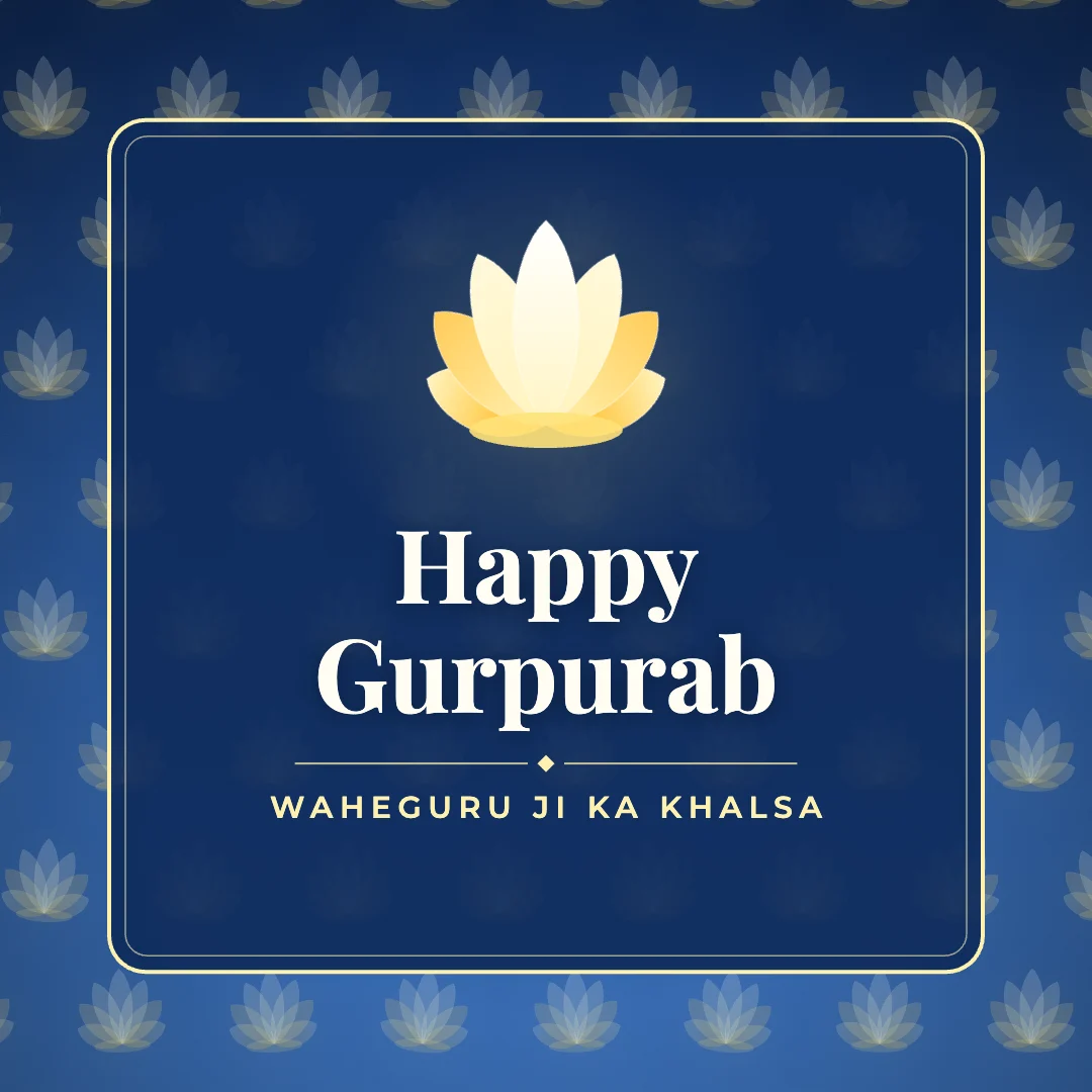 Happy Gurpurab greeting image in pattern panel style with the wish “Waheguru Ji Ka Khalsa”