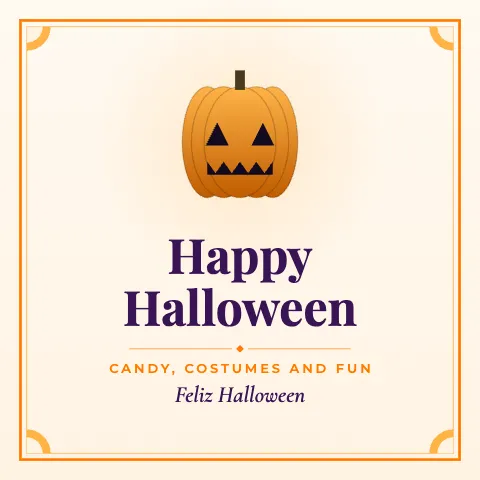 Happy Halloween greeting image in classic frame style with the wish “Candy, costumes and fun” and the greeting in Spanish
