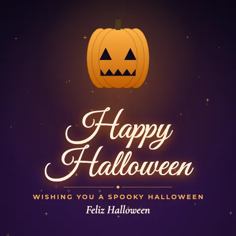 Happy Halloween greeting image in golden glow style with the wish “Wishing you a spooky Halloween” and the greeting in Spanish