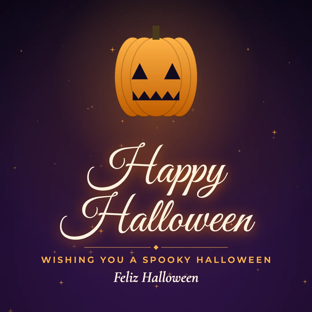 Happy Halloween greeting image in golden glow style with the wish “Wishing you a spooky Halloween” and the greeting in Spanish
