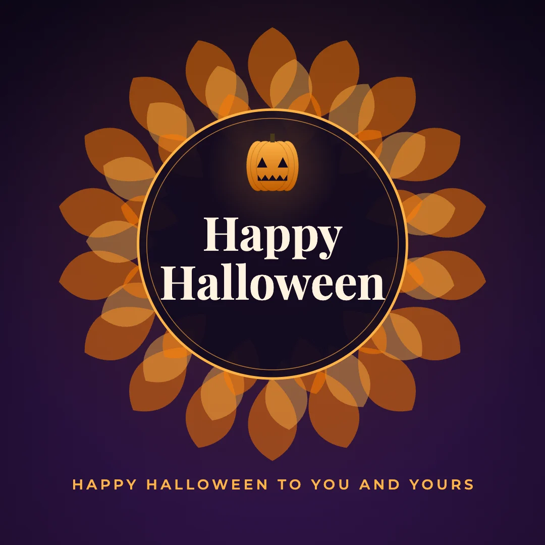 Happy Halloween greeting image in mandala circle style with the wish “Happy Halloween to you and yours”