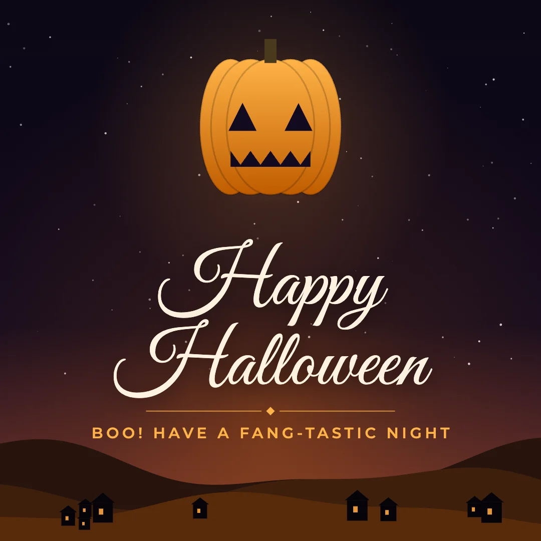 Happy Halloween greeting image in night skyline style with the wish “Boo! Have a fang-tastic night”