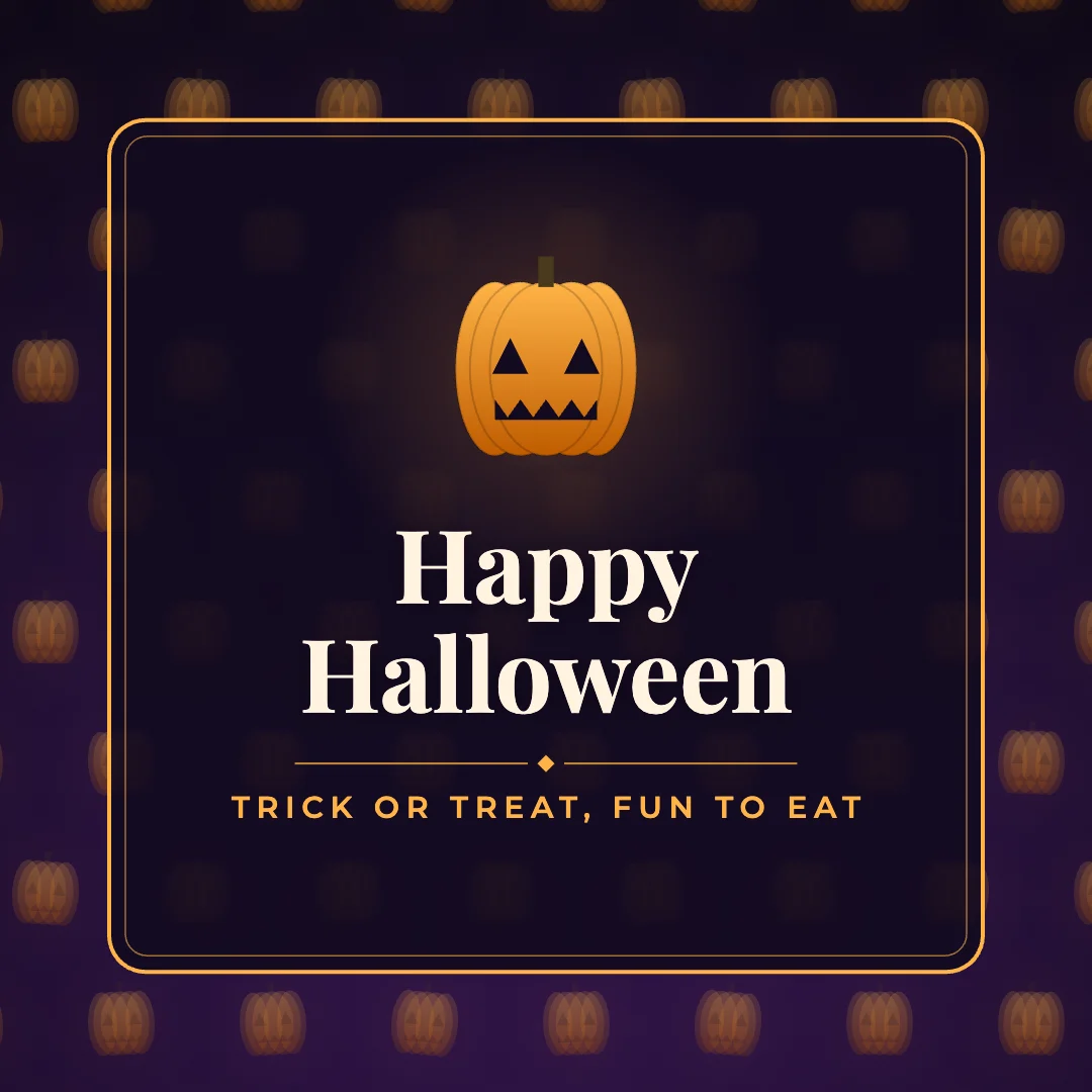 Happy Halloween greeting image in pattern panel style with the wish “Trick or treat, fun to eat”