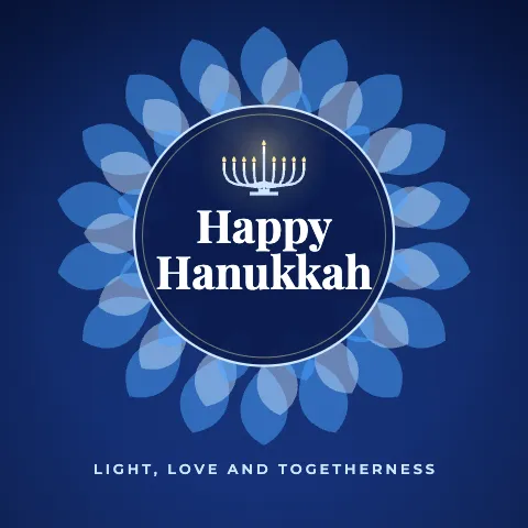 Happy Hanukkah greeting image in mandala circle style with the wish “Light, love and togetherness”