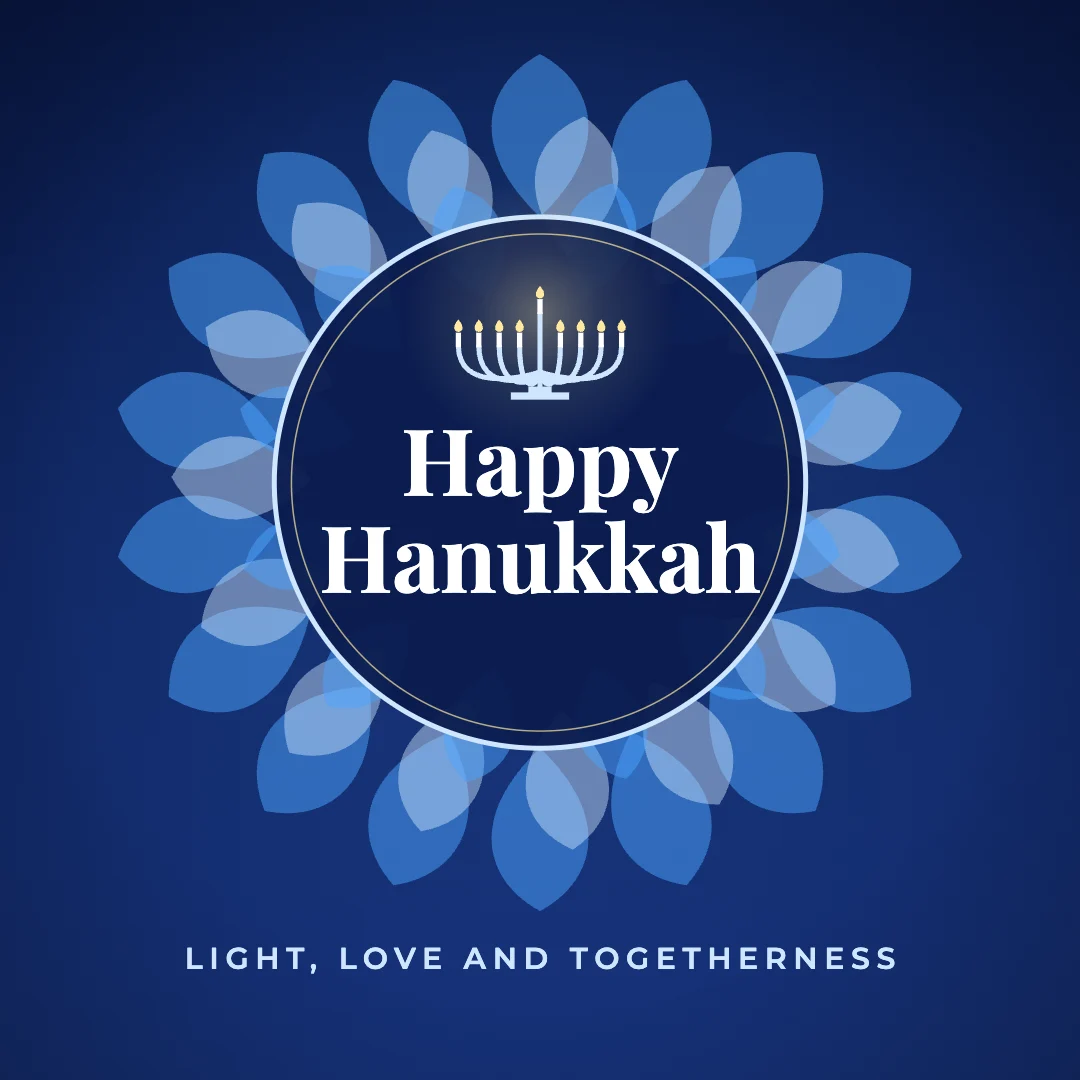Happy Hanukkah greeting image in mandala circle style with the wish “Light, love and togetherness”