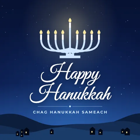Happy Hanukkah greeting image in night skyline style with the wish “Chag Hanukkah Sameach”