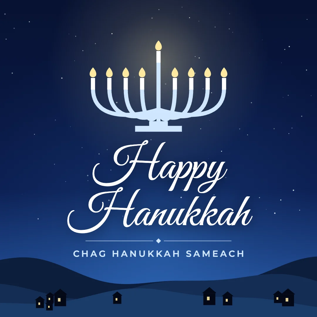 Happy Hanukkah greeting image in night skyline style with the wish “Chag Hanukkah Sameach”