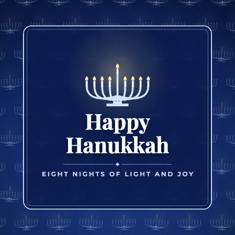 Happy Hanukkah greeting image in pattern panel style with the wish “Eight nights of light and joy”