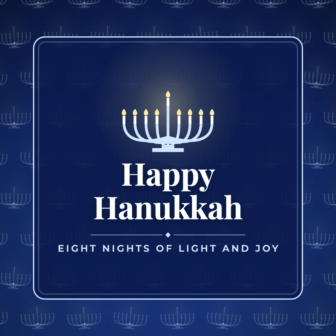 Happy Hanukkah greeting image in pattern panel style with the wish “Eight nights of light and joy”