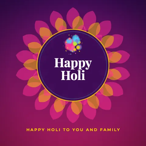 Happy Holi greeting image in mandala circle style with the wish “Happy Holi to you and family”
