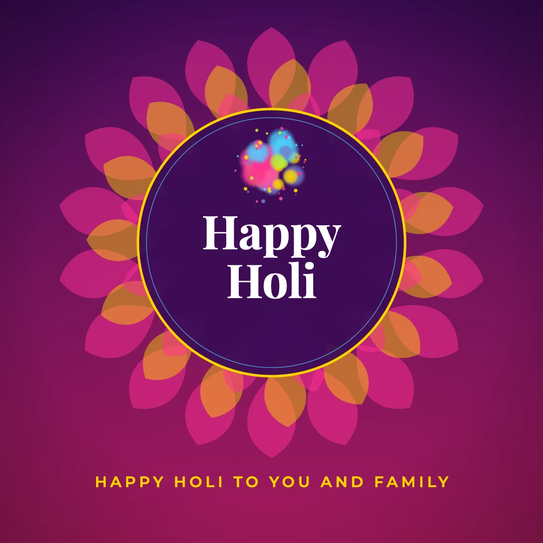 Happy Holi greeting image in mandala circle style with the wish “Happy Holi to you and family”