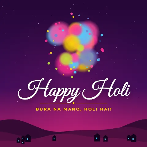 Happy Holi greeting image in night skyline style with the wish “Bura na mano, Holi hai!”