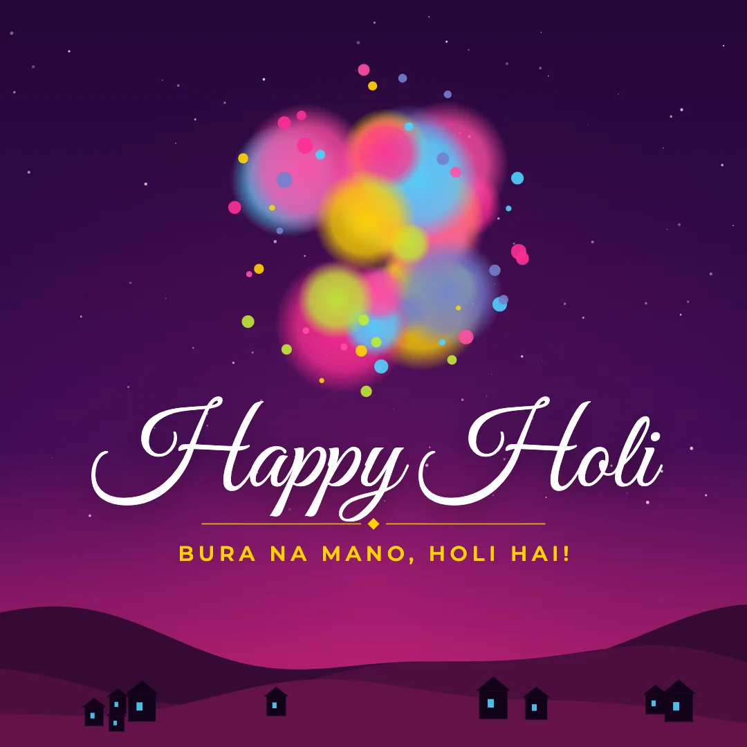 Happy Holi greeting image in night skyline style with the wish “Bura na mano, Holi hai!”