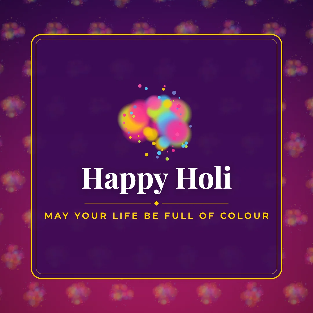 Happy Holi greeting image in pattern panel style with the wish “May your life be full of colour”