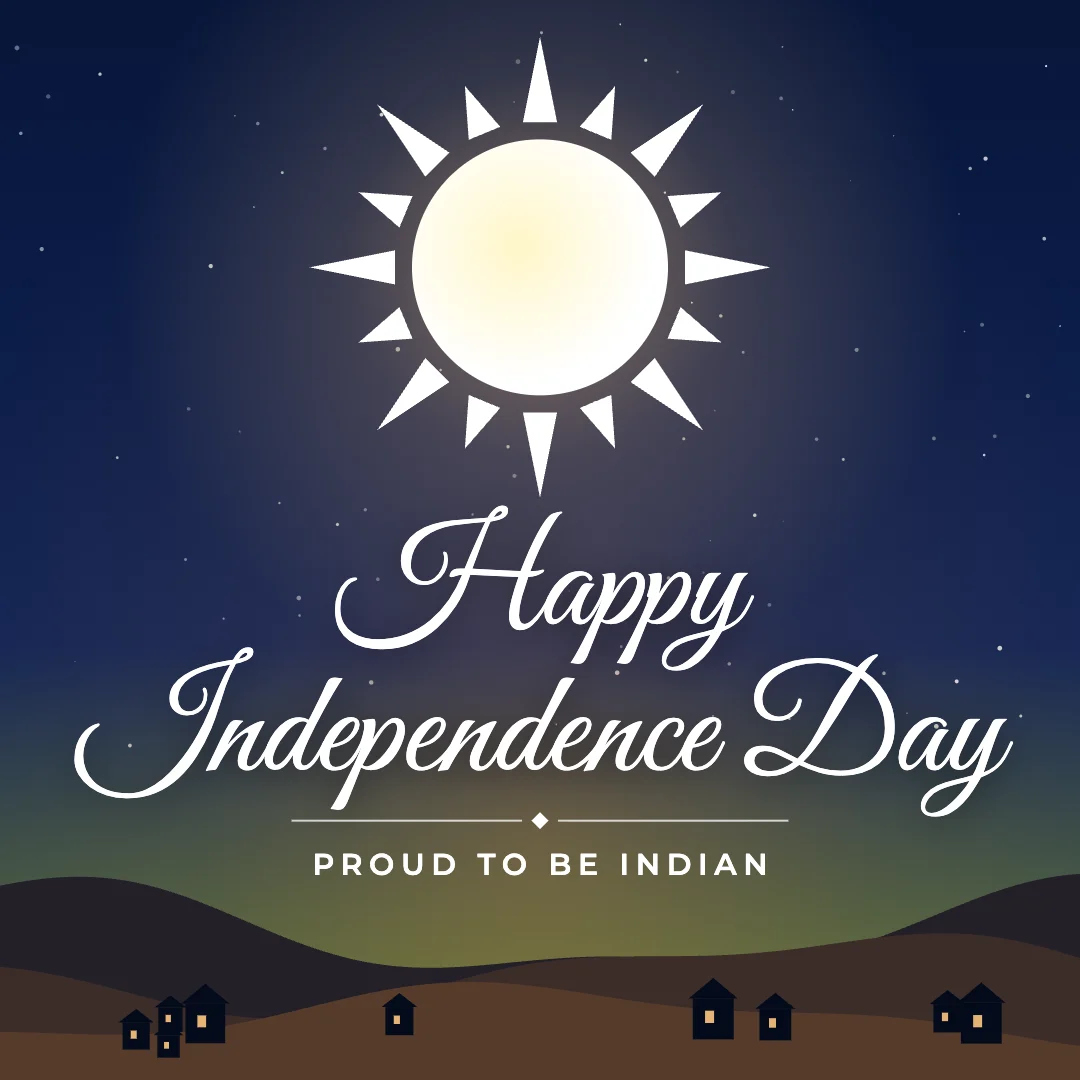 Happy Independence Day greeting image in night skyline style with the wish “Proud to be Indian”