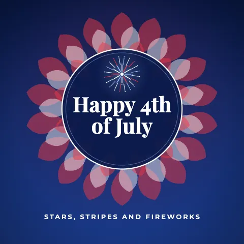 Happy 4th of July greeting image in mandala circle style with the wish “Stars, stripes and fireworks”
