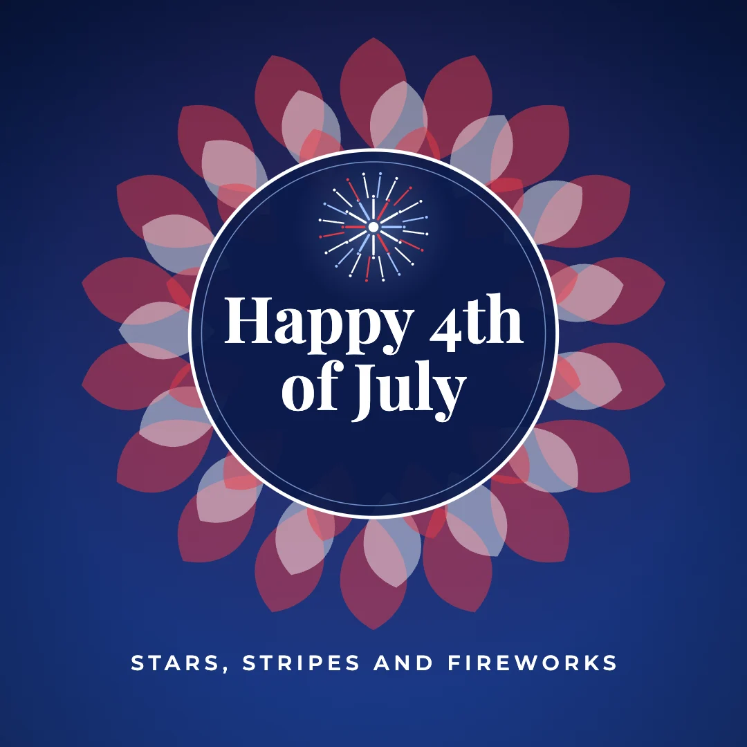 Happy 4th of July greeting image in mandala circle style with the wish “Stars, stripes and fireworks”