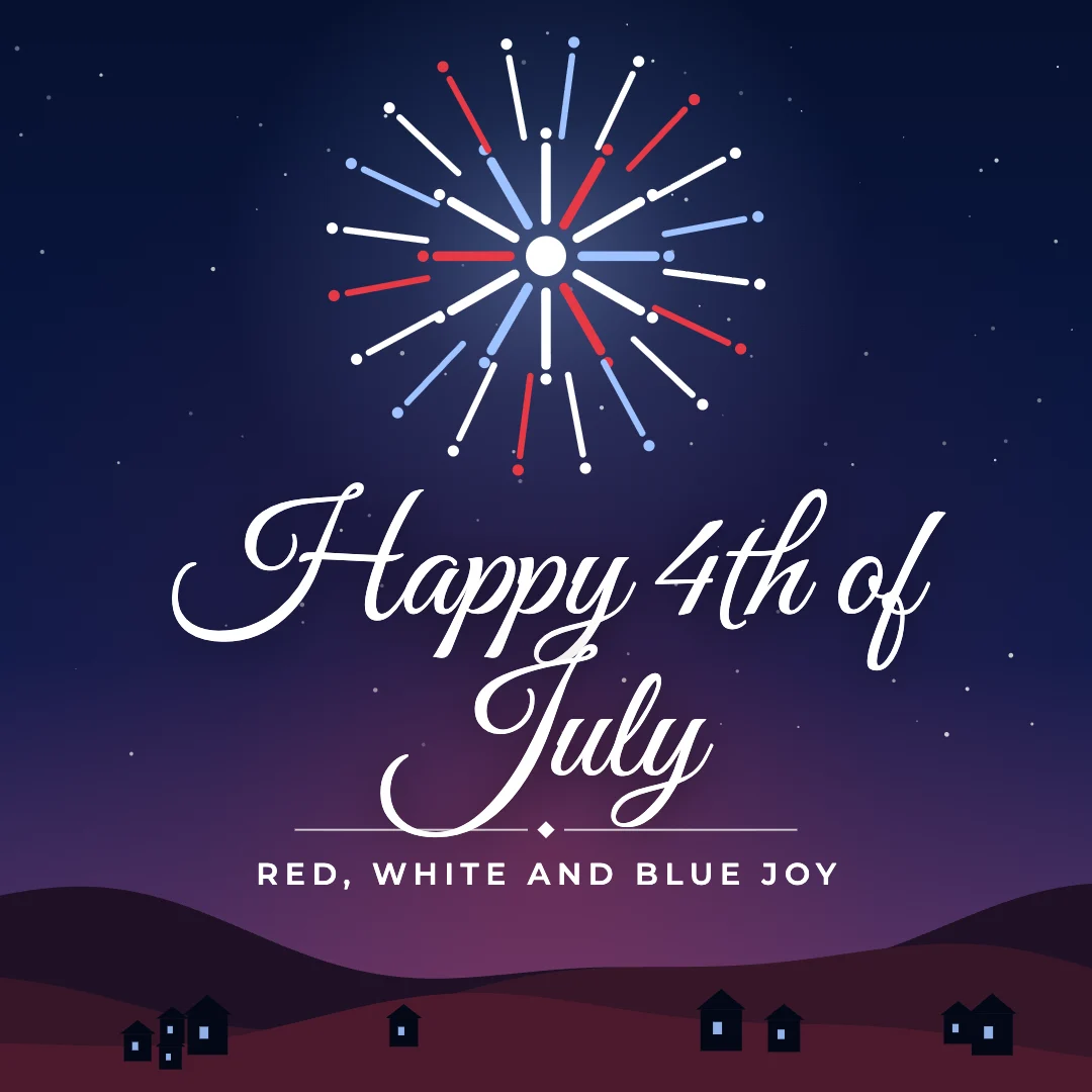 Happy 4th of July greeting image in night skyline style with the wish “Red, white and blue joy”