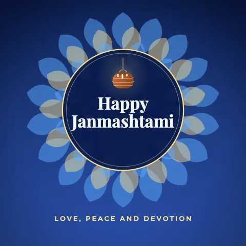 Happy Janmashtami greeting image in mandala circle style with the wish “Love, peace and devotion”