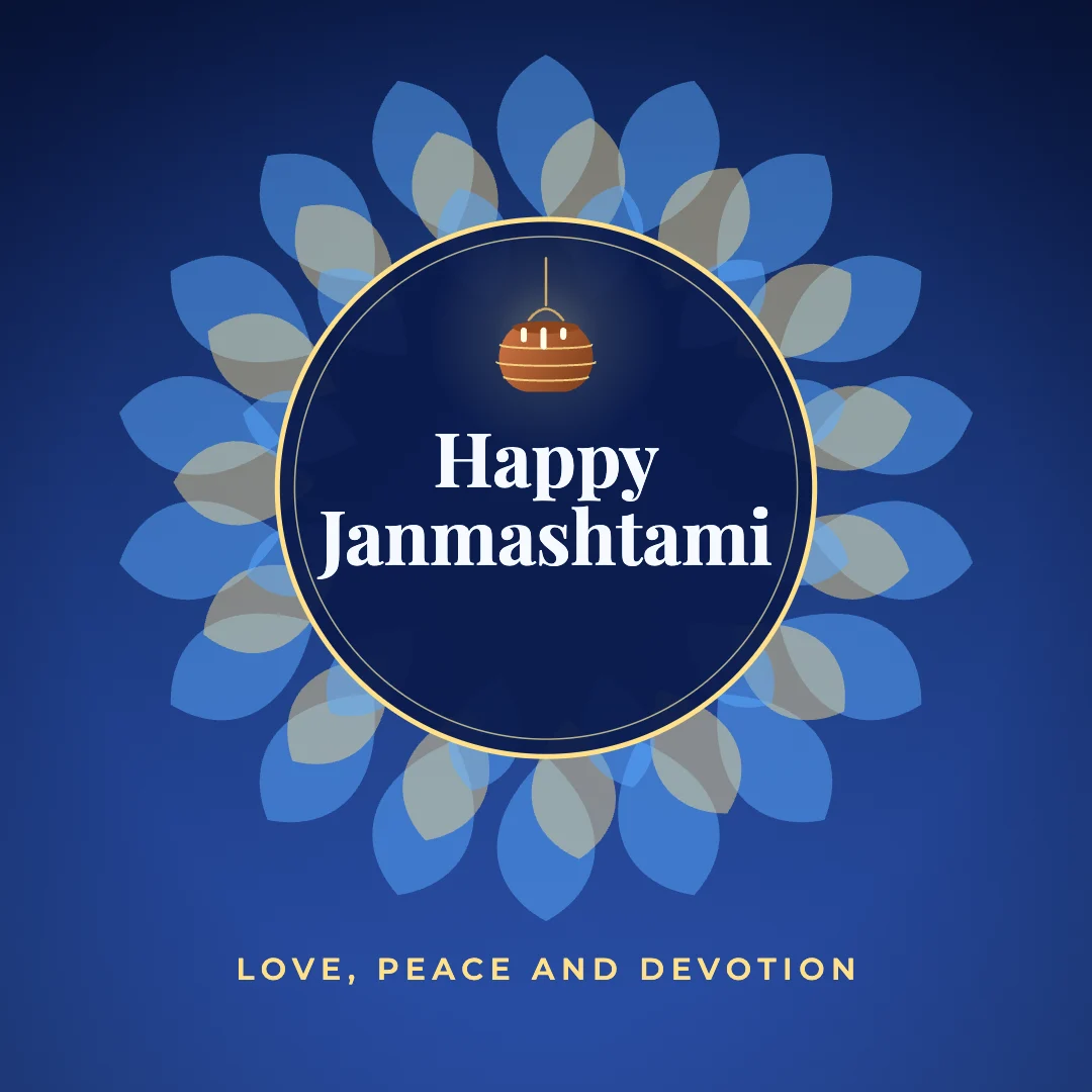 Happy Janmashtami greeting image in mandala circle style with the wish “Love, peace and devotion”